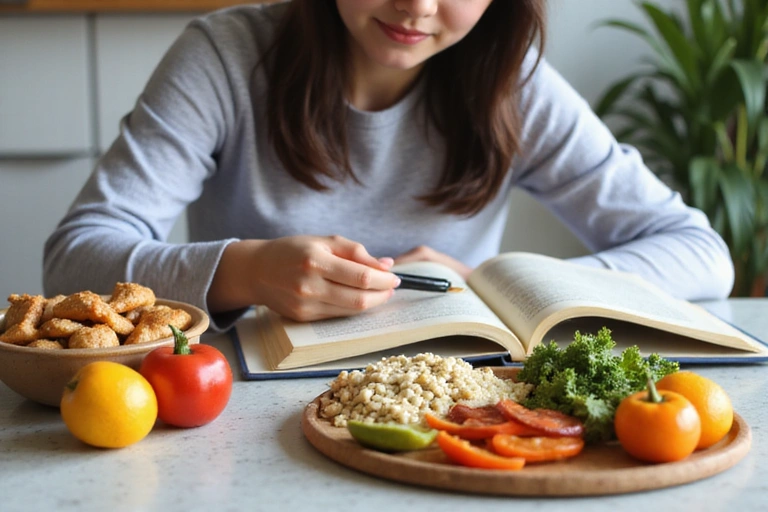 Una persona che legge un libro o un tablet con cibo sano nelle vicinanze, simbolo di apprendimento e risorse.