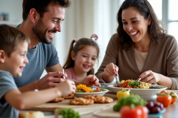 Una famiglia che cena insieme con un pasto sano e bilanciato, sorridendo e interagendo.